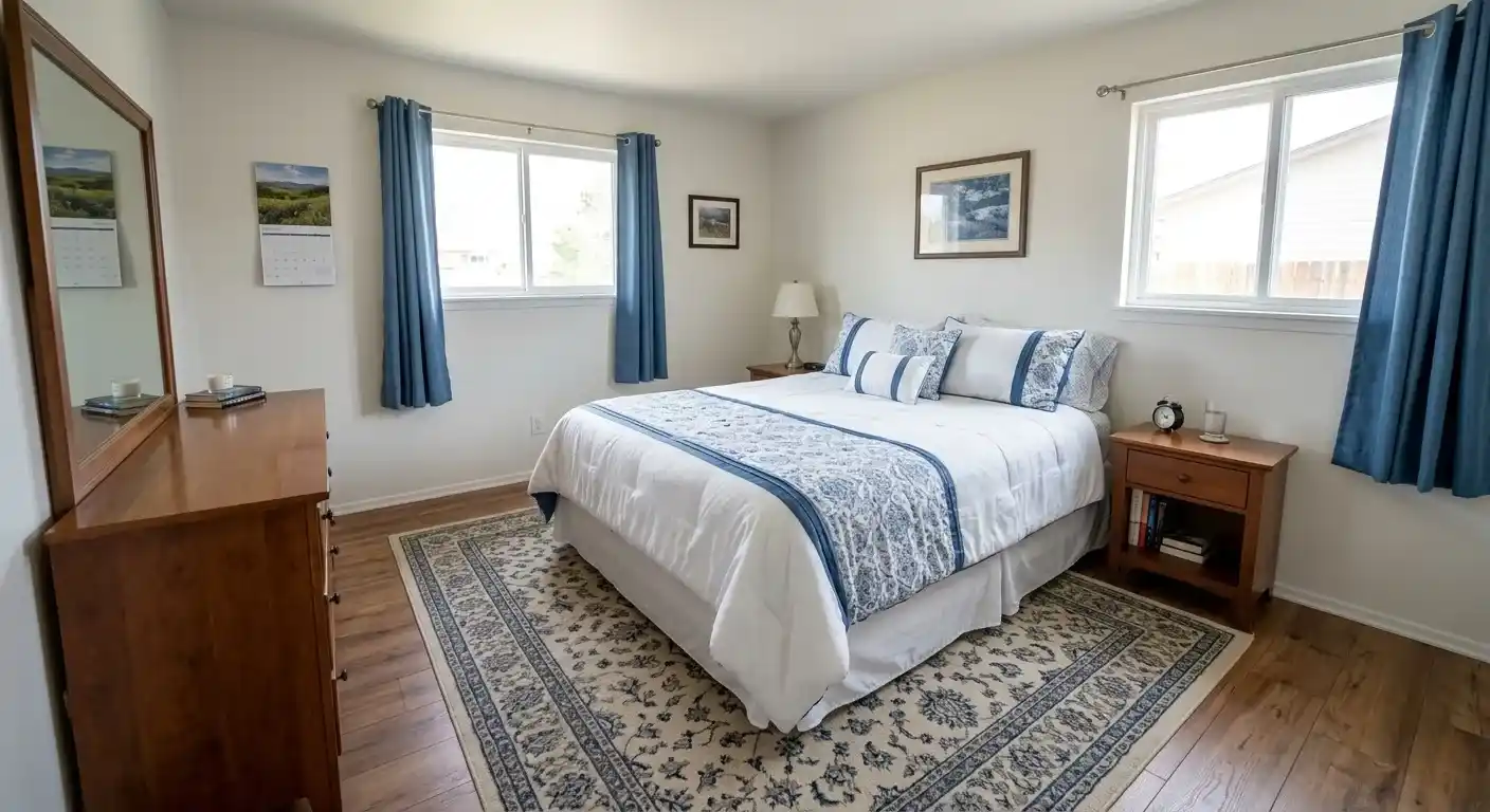Neatly cleaned bedroom with made bed in a Greeley home